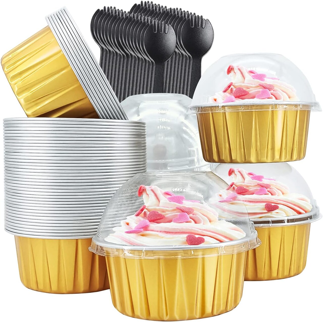 Cupcake Liners with Dome Lids – 50 Pack 5oz Gold Foil Baking Cups with Spoons for Muffins, Jumbo Ramekins, Weddings & Birthday Parties